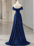 Blue Sequins Sweetheart Off Shoulder Evening Dress, A-Line Blue Long Party Dress Prom Dress