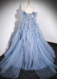 Blue Tulle Beaded Off Shoulder New Style Prom Dress, Blue Evening Dress Formal Dress