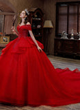 Glam Red Sweetheart Shiny Tulle Ball Gown Long Party Dress, Red Tulle Sweet 16 Dress