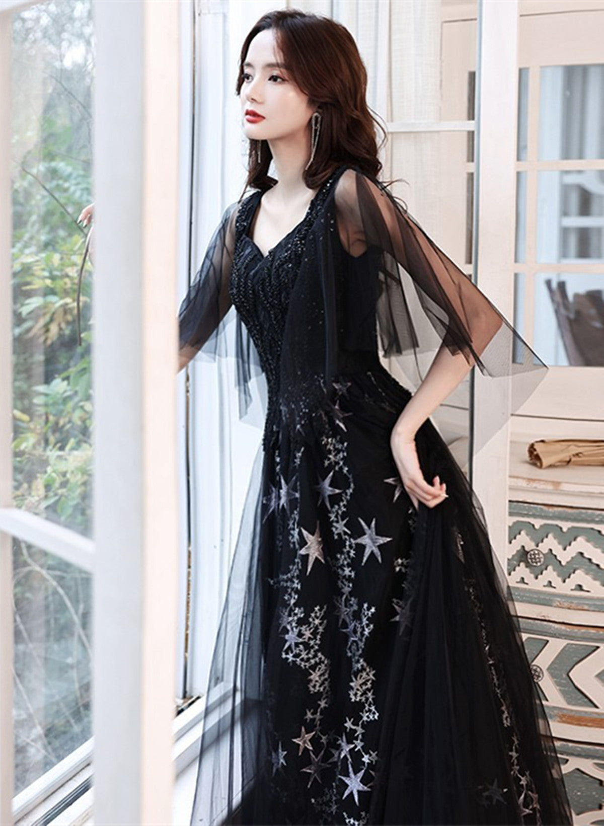 Black Puffy Sleeves Tulle Long Party Dress, A-line Black Prom Dress Evening Dress