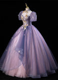 Pink and Purple Tulle Long Party Dress with Beadings, High Neckline Sweet 16 Dress