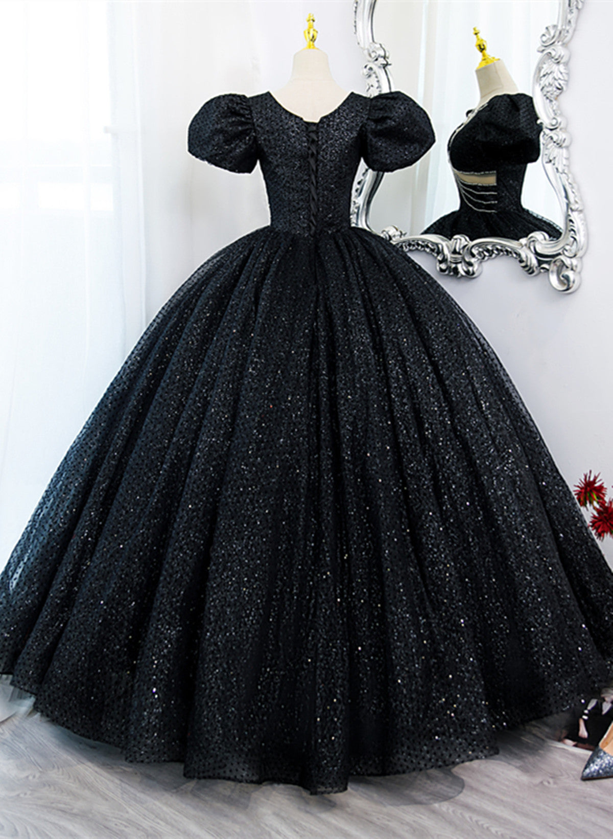 Black Tulle Beaded Short Sleeves Prom Dress, Black Tulle Formal Dress