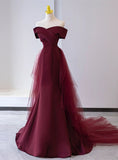 Wine Red Mermaid Lace-up Satin Long Formal Dress, Wine Red Off Shoulder Evening Dress