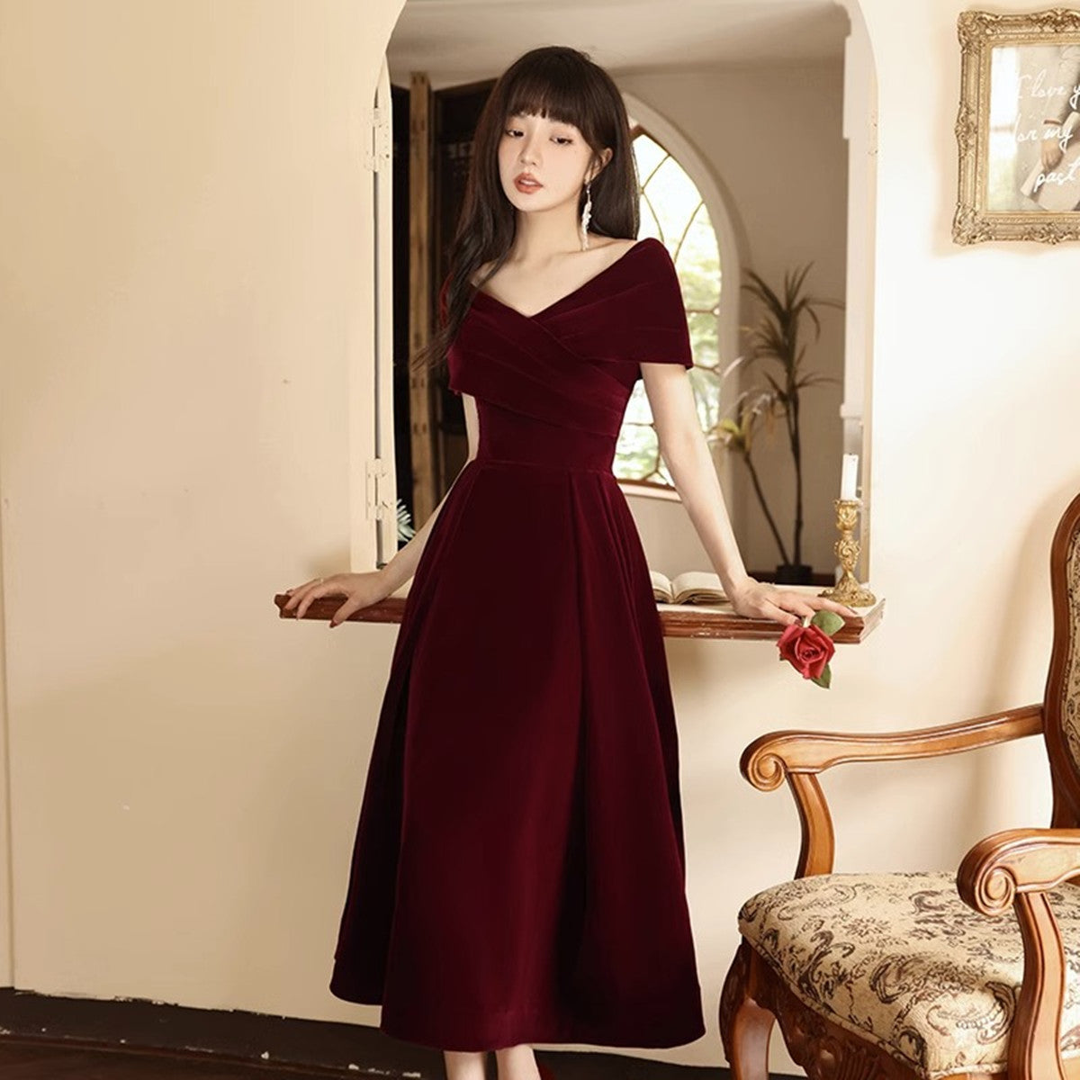 Wine Red Velvet Tea Length Off Shoulder Party Dress, Wine Red Prom Dress