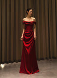 Wine Red Satin Off Shoulder Long Formal Gown, Wine Red Satin Prom Dress