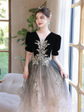 Black V-neckline Velvet Top and Tulle Long Party Dress, Black A-line Evening Dress Prom Dress