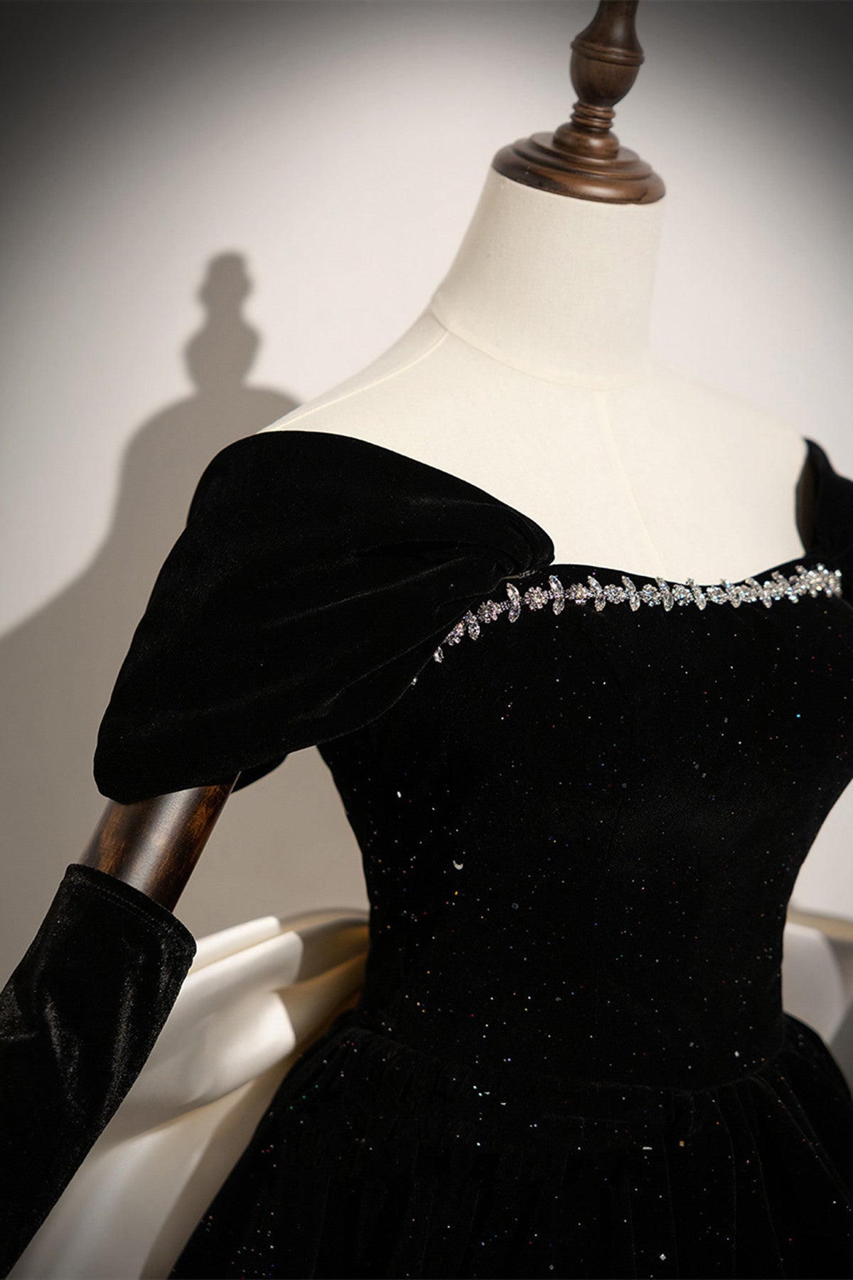 Cute Black Velvet A-Line Party Dress with Off-Shoulder Sleeves, Black Velvet Homecoming Dress