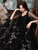 Black Puffy Sleeves Tulle Long Party Dress, A-line Black Prom Dress Evening Dress