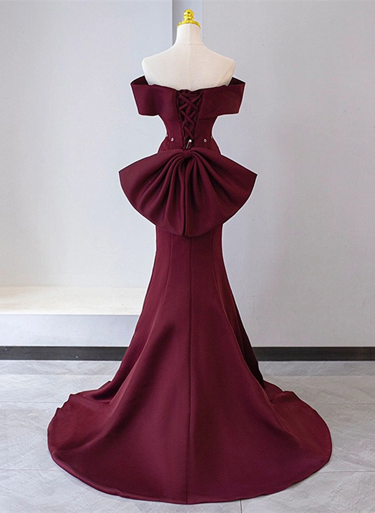 Wine Red Mermaid Lace-up Satin Long Formal Dress, Wine Red Off Shoulder Evening Dress