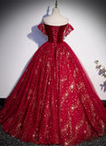 Wine Red Ball Gown Tulle Sweetheart Prom Dress, Wine Red Tulle Sweet 16 Dress