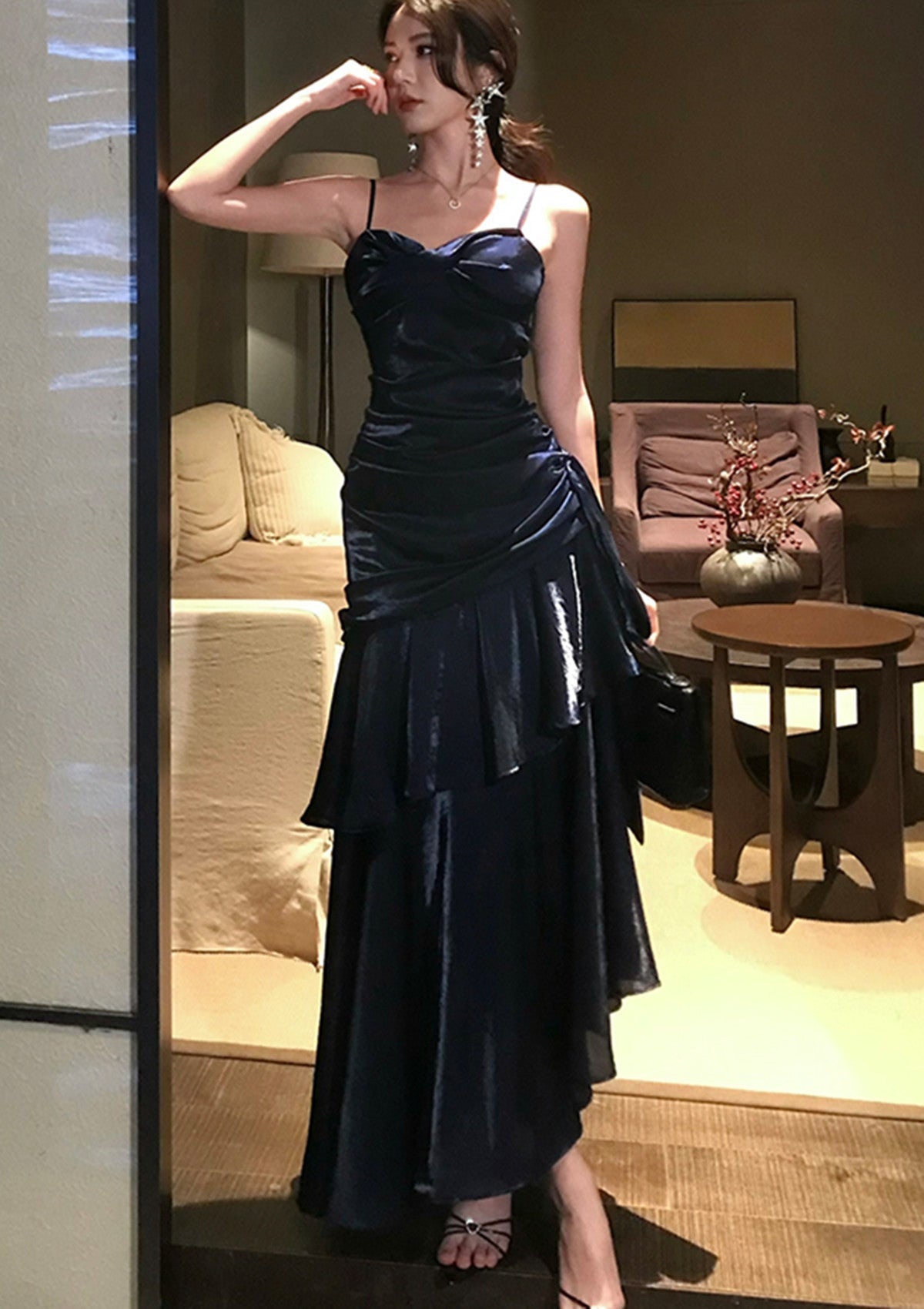Navy Blue Satin Mermaid Straps Evening Dress, Navy Blue Long Prom Dress Evening Dress