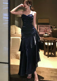 Navy Blue Satin Mermaid Straps Evening Dress, Navy Blue Long Prom Dress Evening Dress