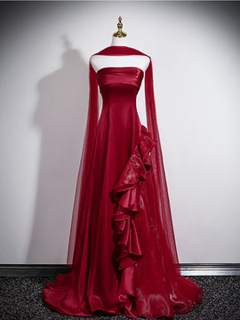 Elegant Strapless Wine Red Evening Gown with Organza Skirt, Wine Red Satin A-line Prom Dress
