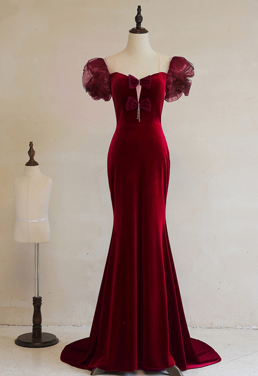 Wine Red Mermaid Long Velvet Wedding Party Dress, Wine Red Prom Dress Formal Dress