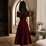 Wine Red Velvet Tea Length Off Shoulder Party Dress, Wine Red Prom Dress