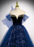 Lovely Navy Blue Tulle Off Shoulder Beaded Long Party Dress, Navy Blue Tulle Prom Dress