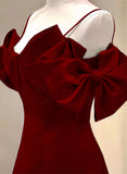 Off Shoulder Wine Red Satin Long Party Dress, A-line Wine Red Prom Dress