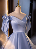 Blue Satin Off Shoulder Long Evening Dress Formal Dress, Blue Satin Prom Dress