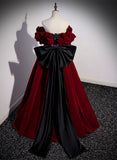 Dark Red Velvet Off Shoulder Party Dress, A-line Floor Length Prom Dress Formal Dress