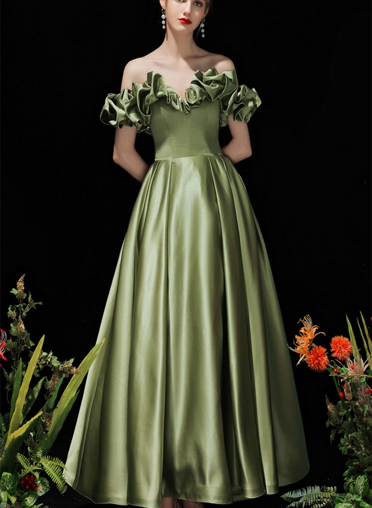 A-line Satin Off Shoulder Green Long Evening Dress, Green Formal Dress Prom Dress