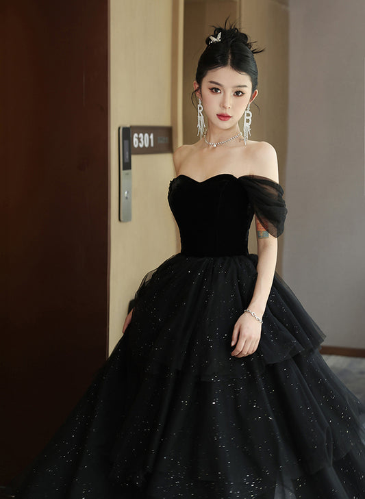 Black Off Shoulder Sweetheart Layers Long Formal Dress, Black Prom Dress Party Dress