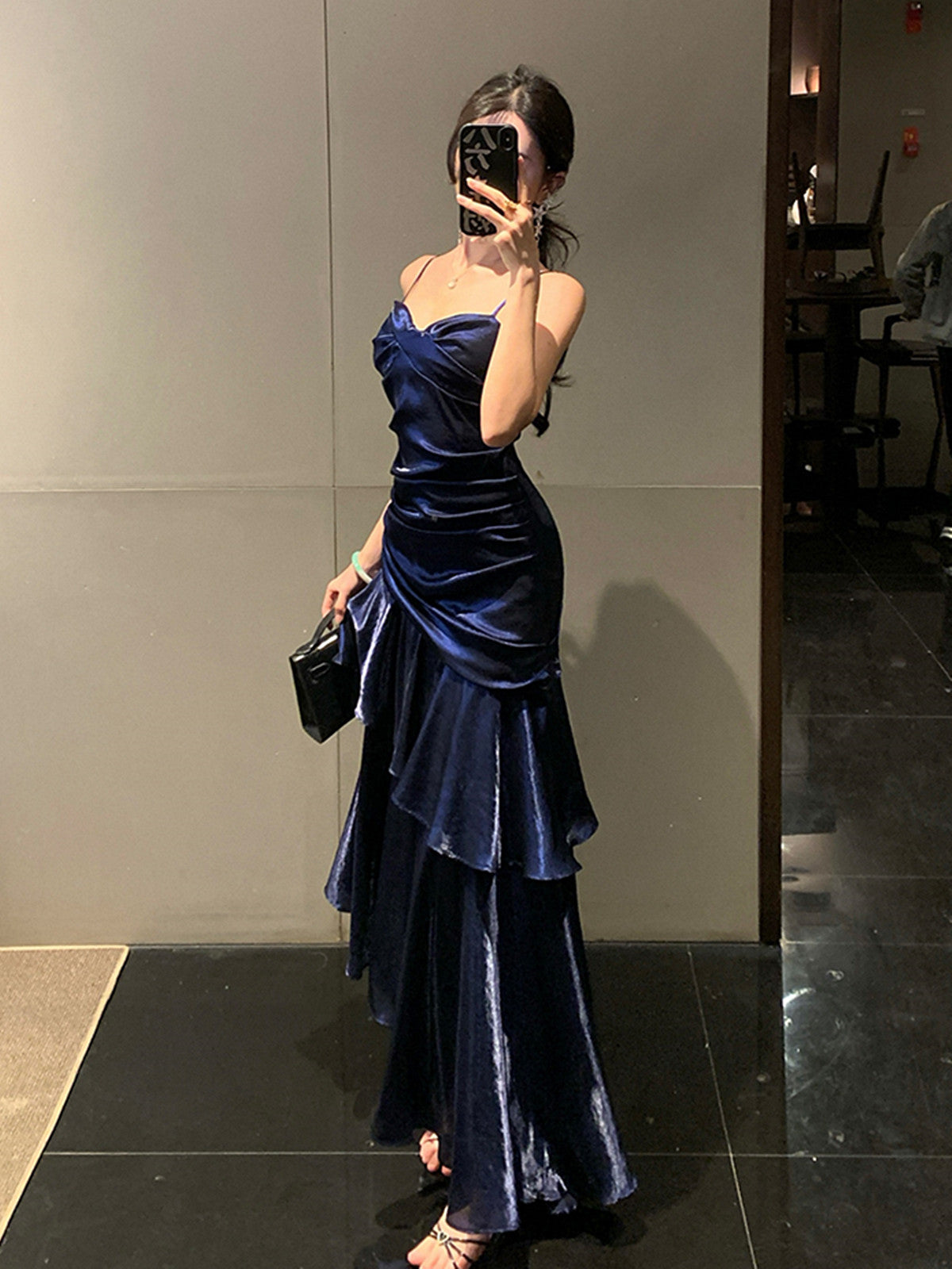 Navy Blue Satin Mermaid Straps Evening Dress, Navy Blue Long Prom Dress Evening Dress