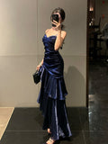 Navy Blue Satin Mermaid Straps Evening Dress, Navy Blue Long Prom Dress Evening Dress