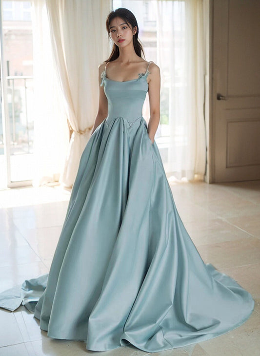 A-line Satin Blue Long Straps Evening Dress, Satin Long Prom Dress