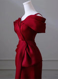 Wine Red Satin Off Shoulder Long Evening Dress, Wine Red Formal Dress Prom Dress