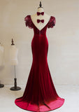 Wine Red Mermaid Long Velvet Wedding Party Dress, Wine Red Prom Dress Formal Dress