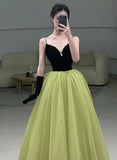 A-line Green and Black Long Beaded Party Dress, Green Long Formal Dress