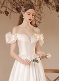 White Off Shoulder Satin Sweetheart Long Formal Dress, A-Line Satin White Prom Dress