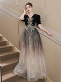 Black V-neckline Velvet Top and Tulle Long Party Dress, Black A-line Evening Dress Prom Dress