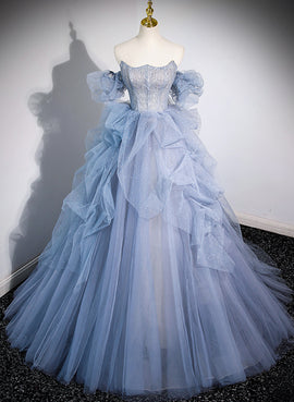 Blue Tulle Beaded Off Shoulder New Style Prom Dress, Blue Evening Dress Formal Dress