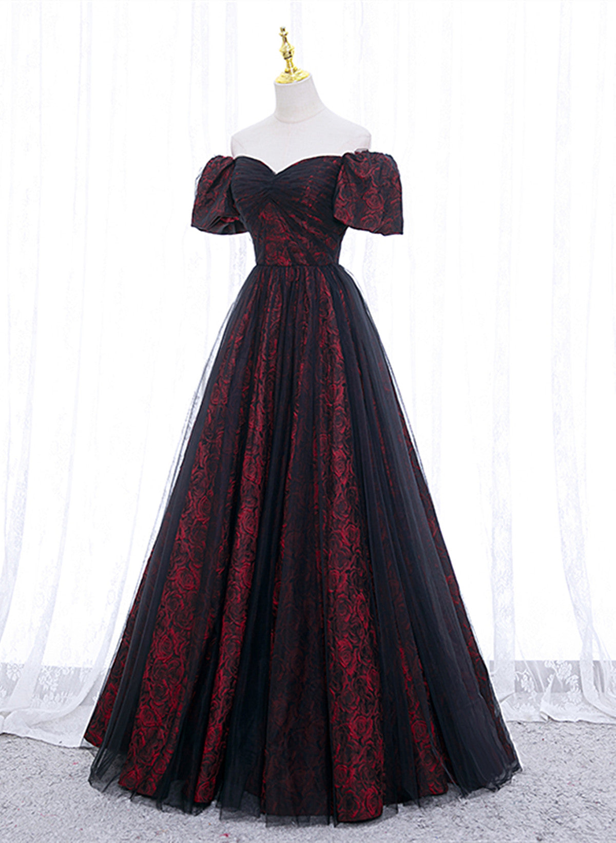 Lovely Sweetheart Black and Red Off Shoulder Party Dress, A-line Floor Length Prom Dress