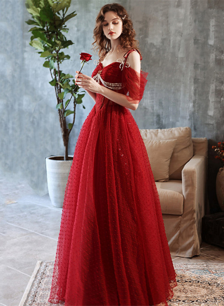 Wine Red Tulle Straps Sweetheart Long Party Dress, Wine Red A-Line Prom Dress