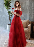 Lovely Wine Red Sweetheart Long Evening Dress, Wine Red Tulle Prom Dress