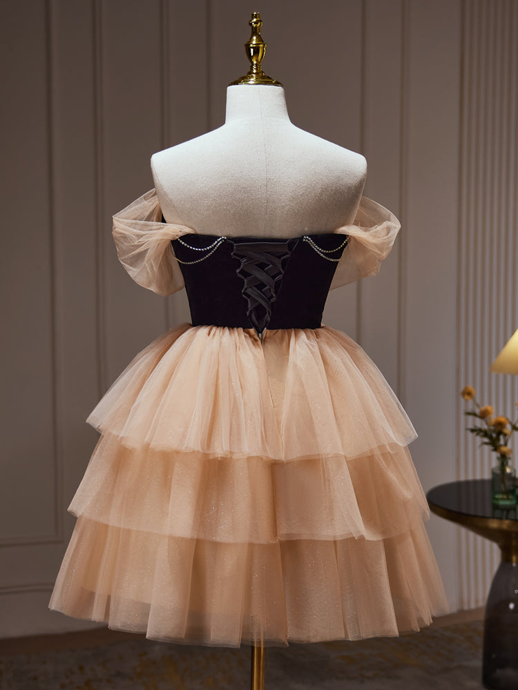 Champagne Tulle Sweetheart Short Party Dress, Champagne Homecoming Dress