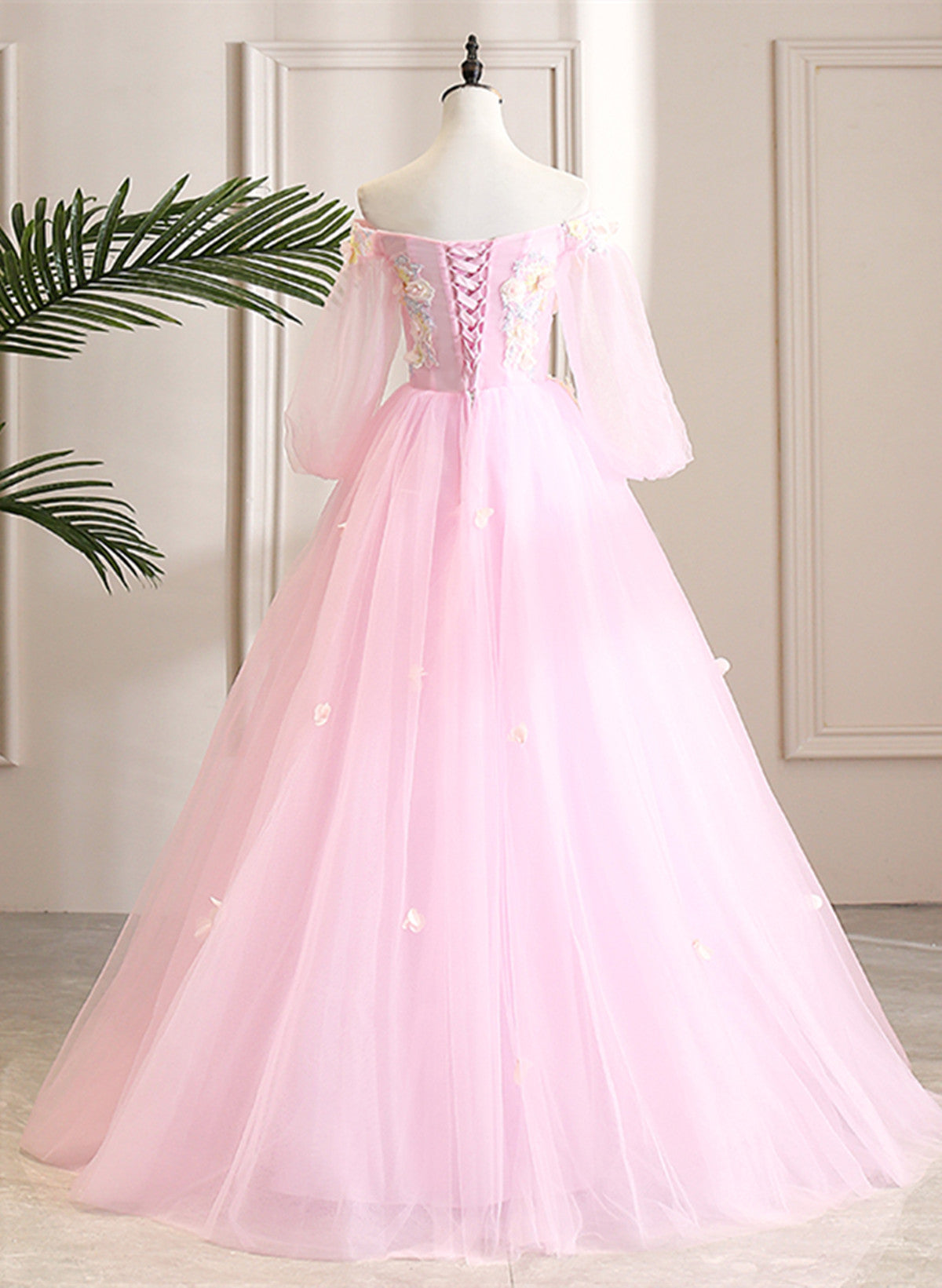 Pink Off Shoulder Tulle Ball Gown Formal Dress, Pink Flowers Party Dress Sweet 16 Dress