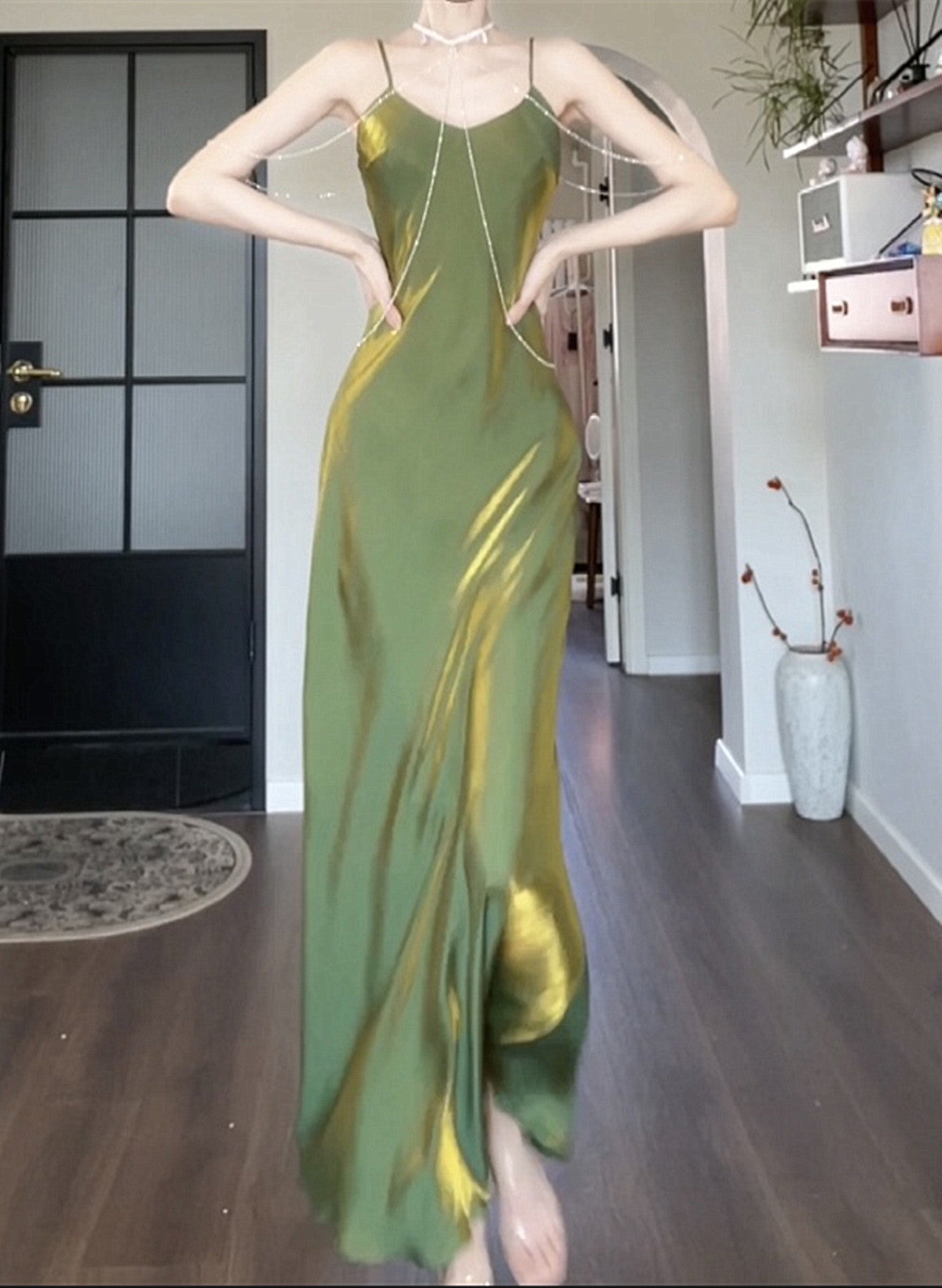 Lovely Green Straps Long Formal Dress, Green Satin Party Dress Evening Dress