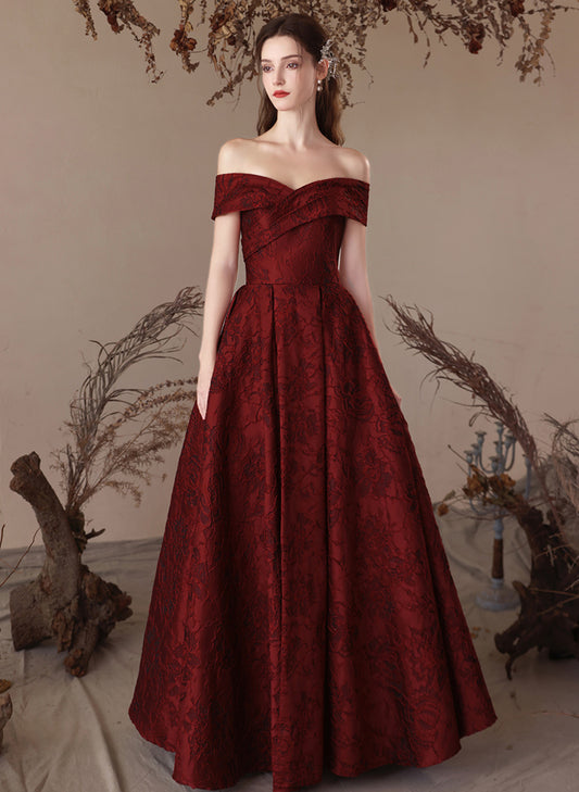 Off Shoulder Wine Red Satin Prom Dress, Off Shoulder A-line Evening Dress Party Dress