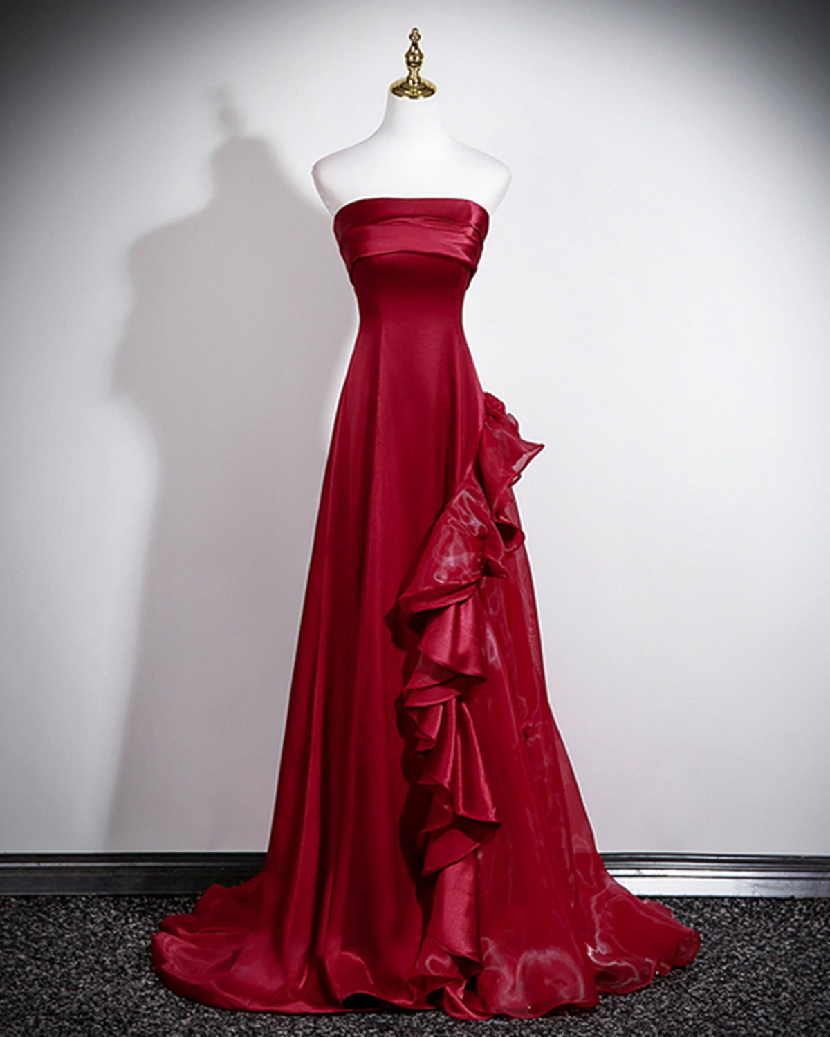 Elegant Strapless Wine Red Evening Gown with Organza Skirt, Wine Red Satin A-line Prom Dress