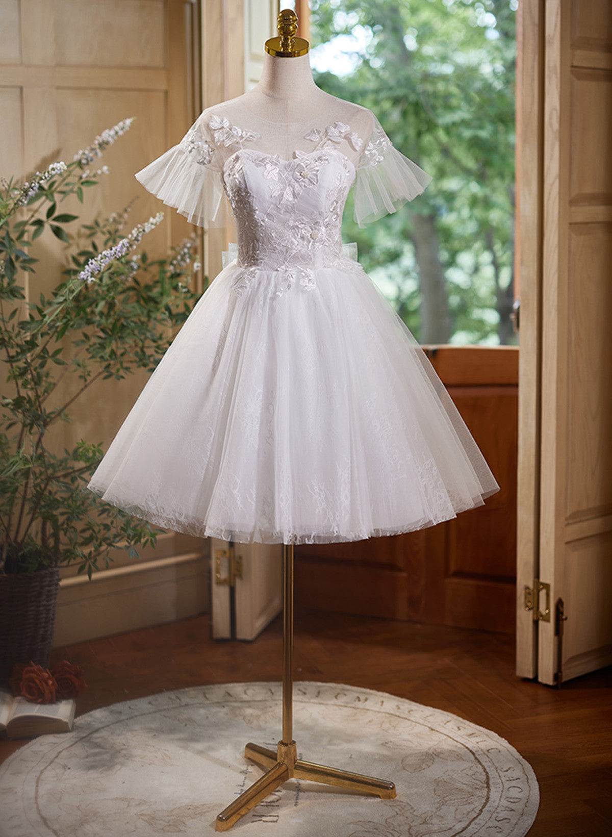 Cute White Tulle with Lace Short Party Dress, White Graduation Dress