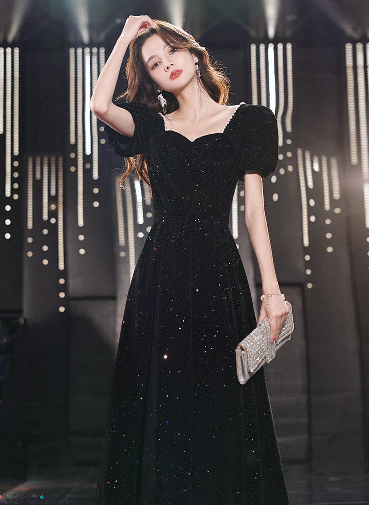 A-line black Velvet Simple Wedding Party Dress, Black Short Sleeves Prom Dress