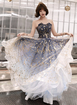 Blue Tulle Long Party Dress With Lace-Up, Blue Evening Dress Prom Dress Formal Dress