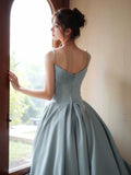 A-line Satin Blue Long Straps Evening Dress, Satin Long Prom Dress