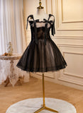 Cute Short Tulle with Lace Black Knee Length Party Dress, Black Short Prom Dress