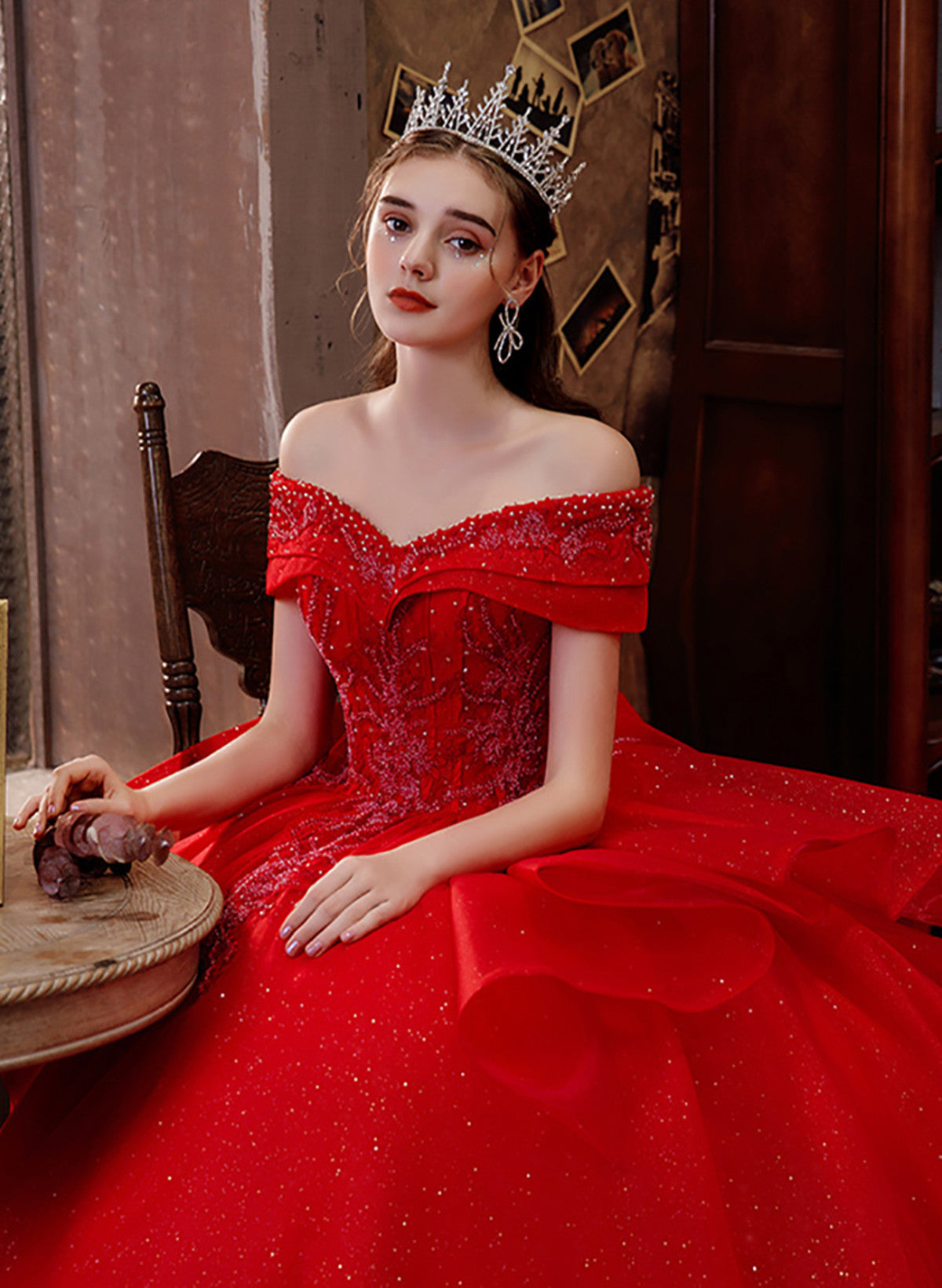 Glam Red Sweetheart Shiny Tulle Ball Gown Long Party Dress, Red Tulle Sweet 16 Dress