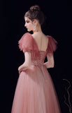 Pink Short Sleeves Tulle Beaded A-line Prom Dress, Pink Long Evening Dress