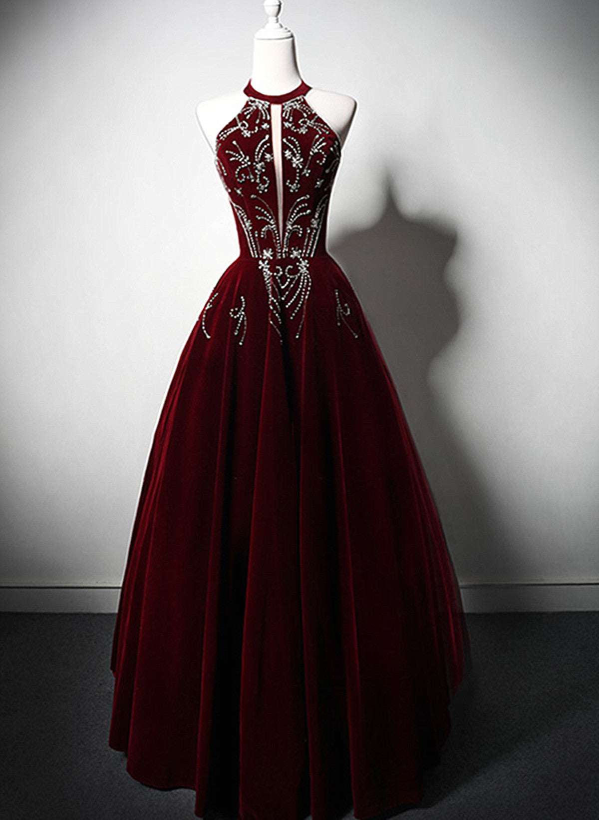 Beautiful Wine Red Velvet Long Evening Dress, Beaded Wine Red Party Dress Formal Dress